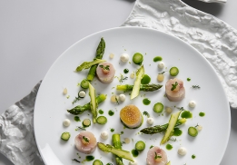 OMBLE CHEVALIER MI-CUIT, ASPERGES VERTES, YAOURT, VERVEINE