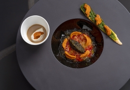 GAMBAS CARABINEROS EN GELÉE DE CARAPACES, LANGUE D’OURSIN ET CAVIAR, CAPPUCCINO D’OURSINS