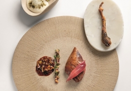 PIGEON RÔTI SUR LE COFFRE, CÉLERI EN DIFFÉRENTES TEXTURES, NORI ET SAUCE CHARCUTIÈRE 