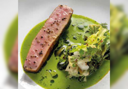 VEAU, SUCRINE, OLIVES CASSÉES ET MENTHE